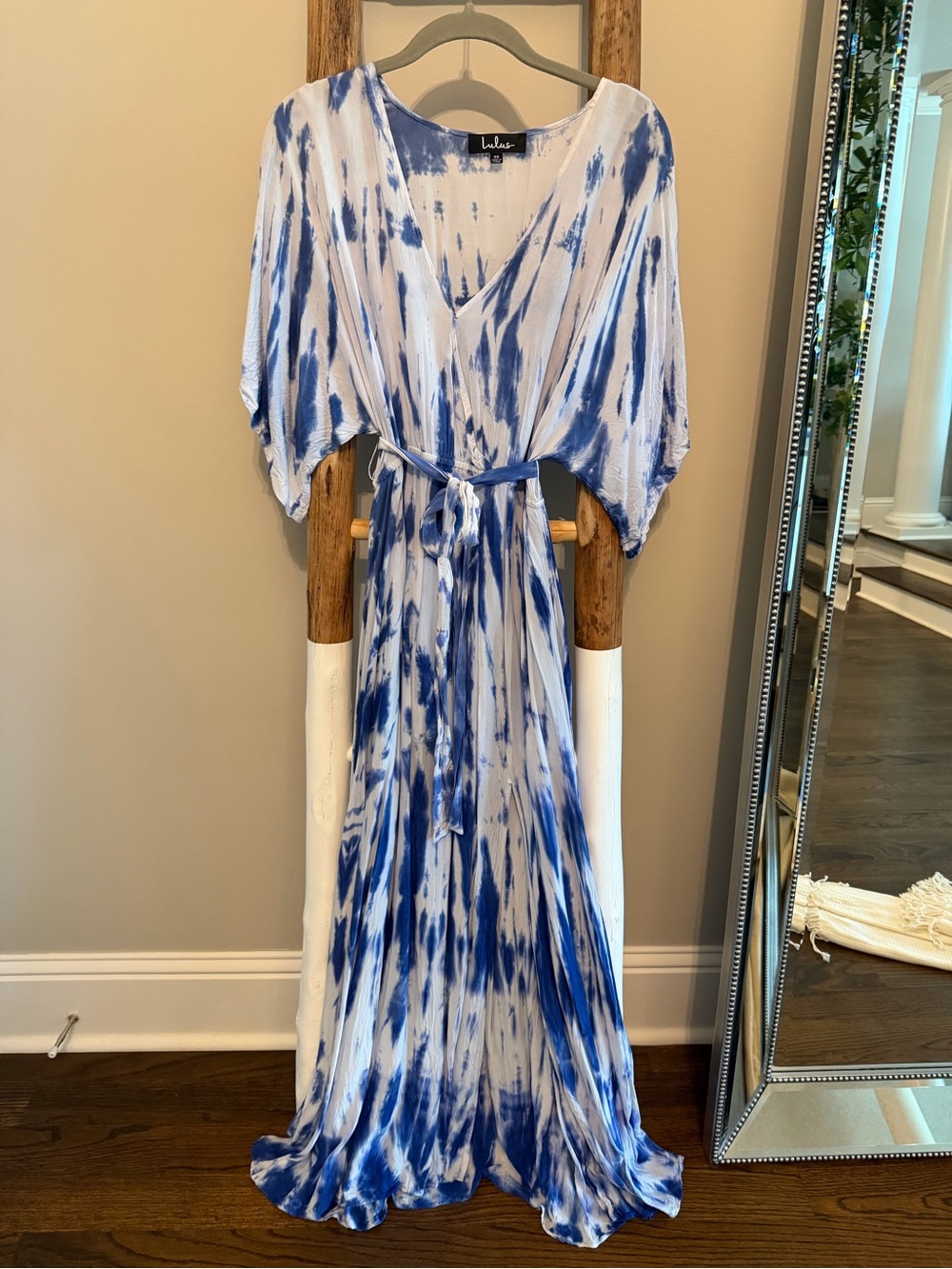Lulu's Blue and White Tie-Dye Wrap Maxi Dress